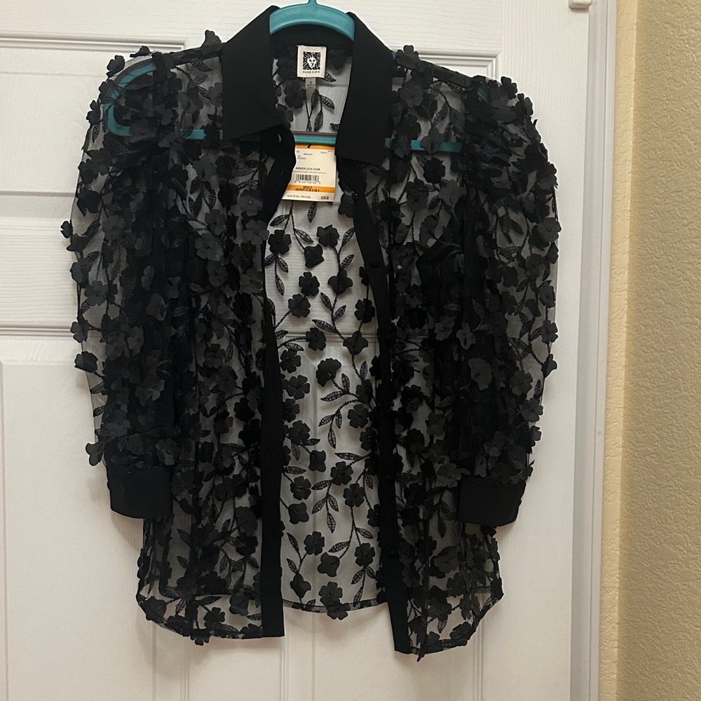Anne Klein Black Floral Appliqué Sheer Blouse